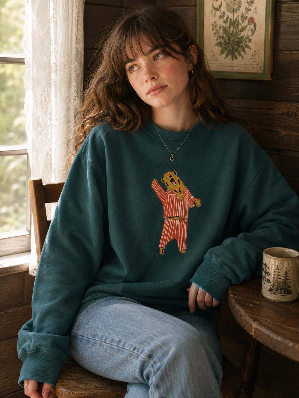 Bonobos Bear Pajama Embroidered Fleece Sweatshirt Green Crewneck Large Cozy